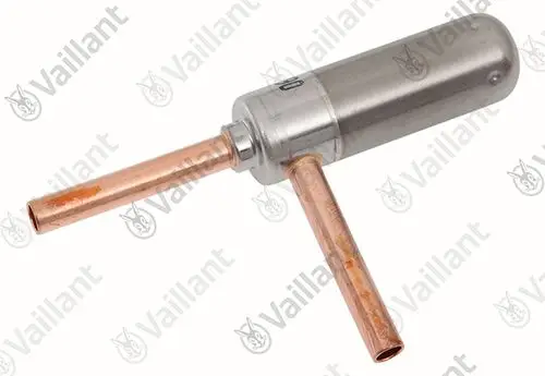 Vaillant Expansionsventil mit einem zylindrischen Gehäuse und zwei Kupferrohren. Das Gerät dient zur Regelung von Druck und Temperatur in Heizsystemen.